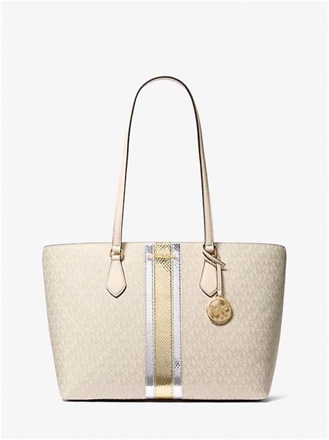 michael kors silber schriftzug|Sheila Large Signature Logo and Metallic Tote Bag .